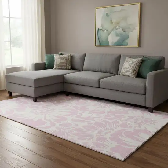 Pink And Ivory Floral Washable Area Rug With UV Protection Photo 1