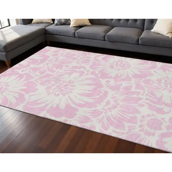 Pink And Ivory Floral Washable Area Rug With UV Protection Photo 2