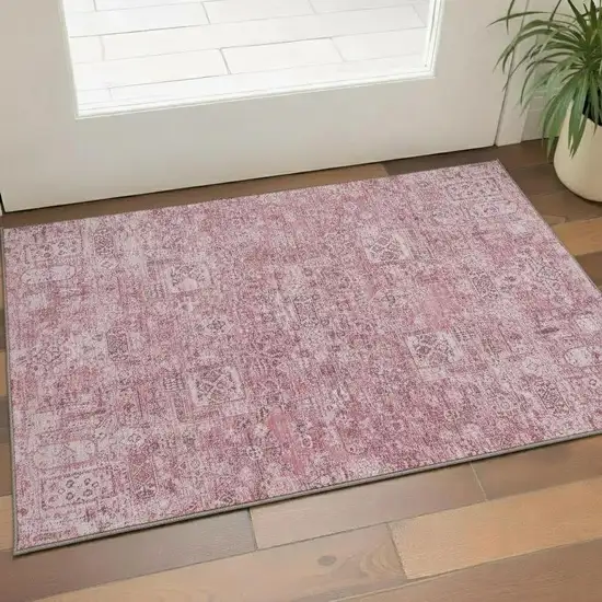 Pink And Ivory Floral Washable Area Rug With UV Protection Photo 1
