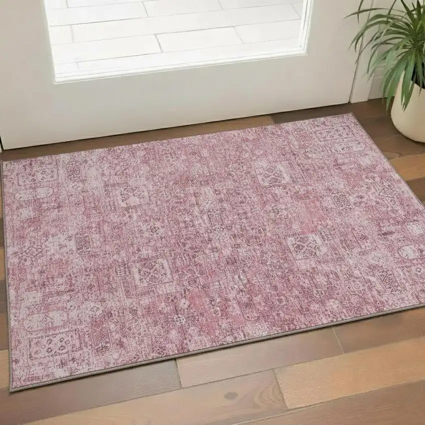 Pink And Ivory Floral Washable Area Rug With UV Protection Photo 1