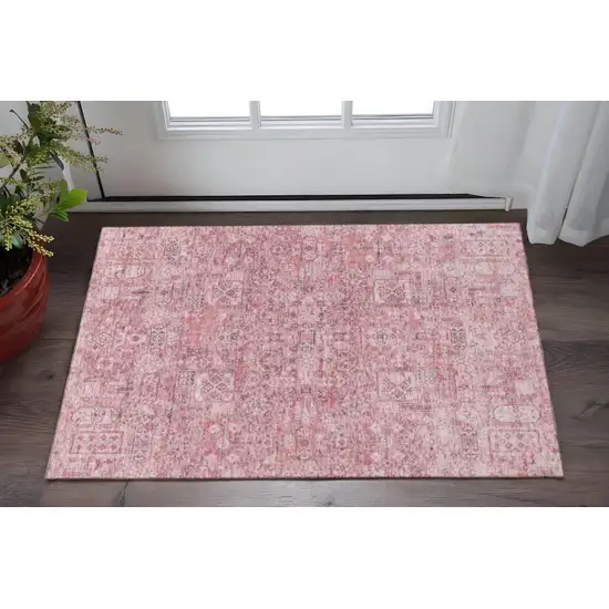 Pink And Ivory Floral Washable Area Rug With UV Protection Photo 2