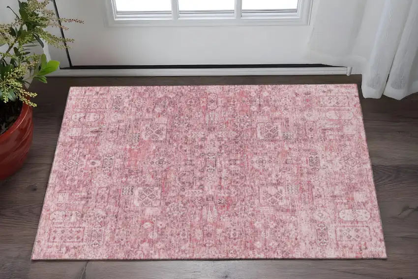 Pink And Ivory Floral Washable Area Rug With UV Protection Photo 2