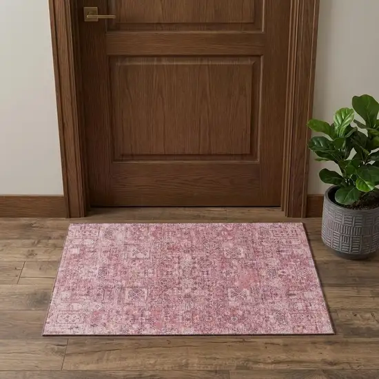 Pink And Ivory Floral Washable Area Rug With UV Protection Photo 1
