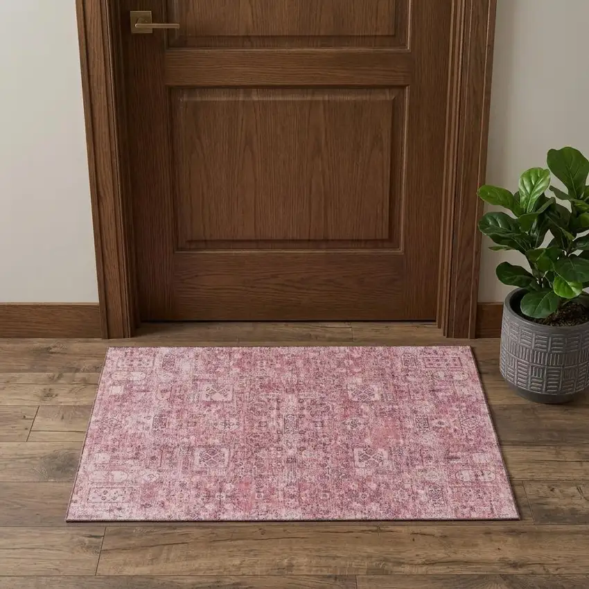 Pink And Ivory Floral Washable Area Rug With UV Protection Photo 1