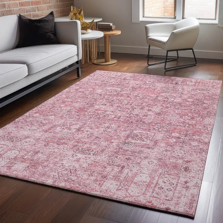 Pink And Ivory Floral Washable Area Rug With UV Protection Photo 3