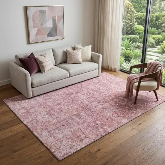 Pink And Ivory Floral Washable Area Rug With UV Protection Photo 1