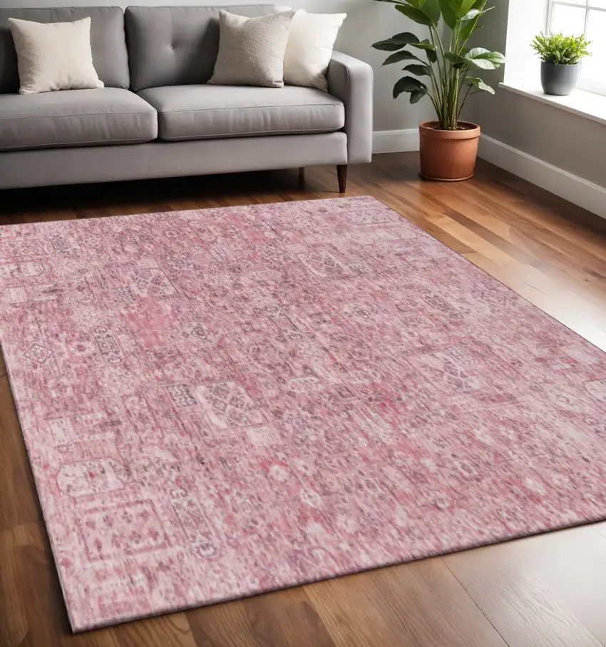 Pink And Ivory Floral Washable Area Rug With UV Protection Photo 2