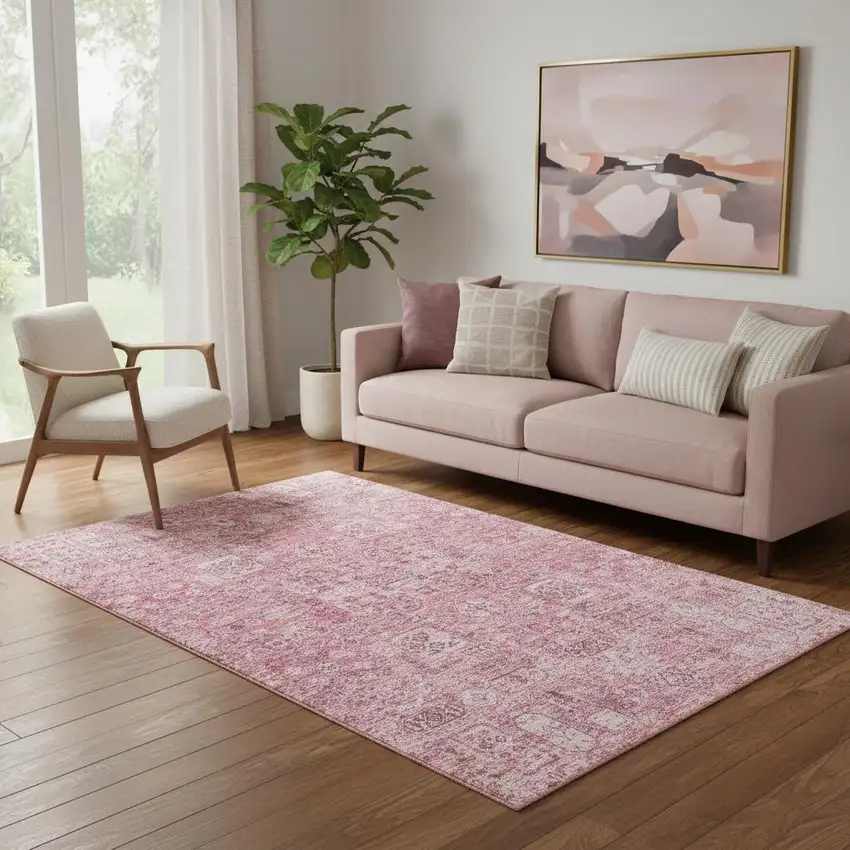 Pink And Ivory Floral Washable Area Rug With UV Protection Photo 1