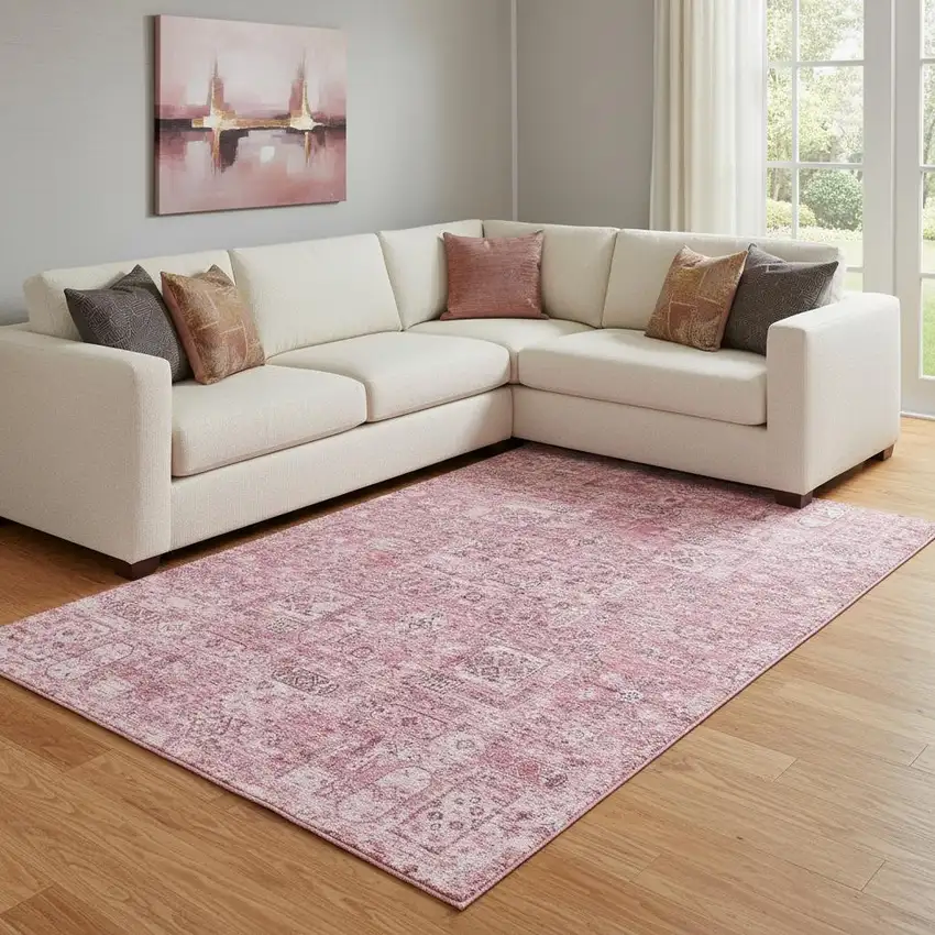 Pink And Ivory Floral Washable Area Rug With UV Protection Photo 1