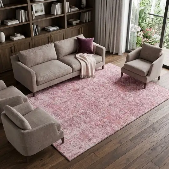 Pink And Ivory Floral Washable Area Rug With UV Protection Photo 1