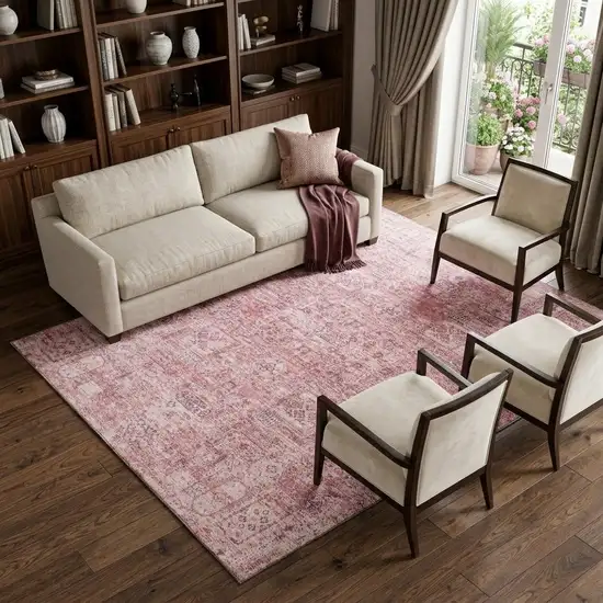 Pink And Ivory Floral Washable Area Rug With UV Protection Photo 1