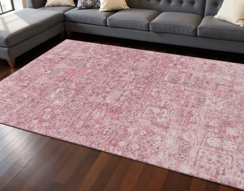 Pink And Ivory Floral Washable Area Rug With UV Protection Photo 2