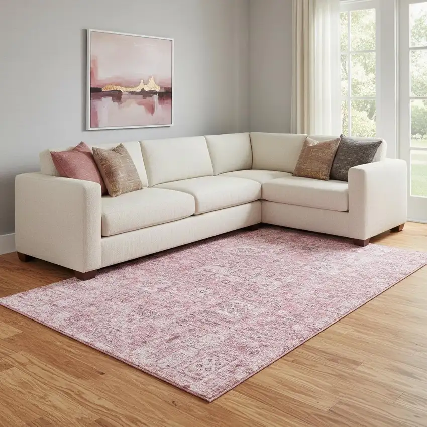 Pink And Ivory Floral Washable Area Rug With UV Protection Photo 1