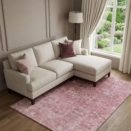 Pink And Ivory Floral Washable Area Rug With UV Protection Photo 1