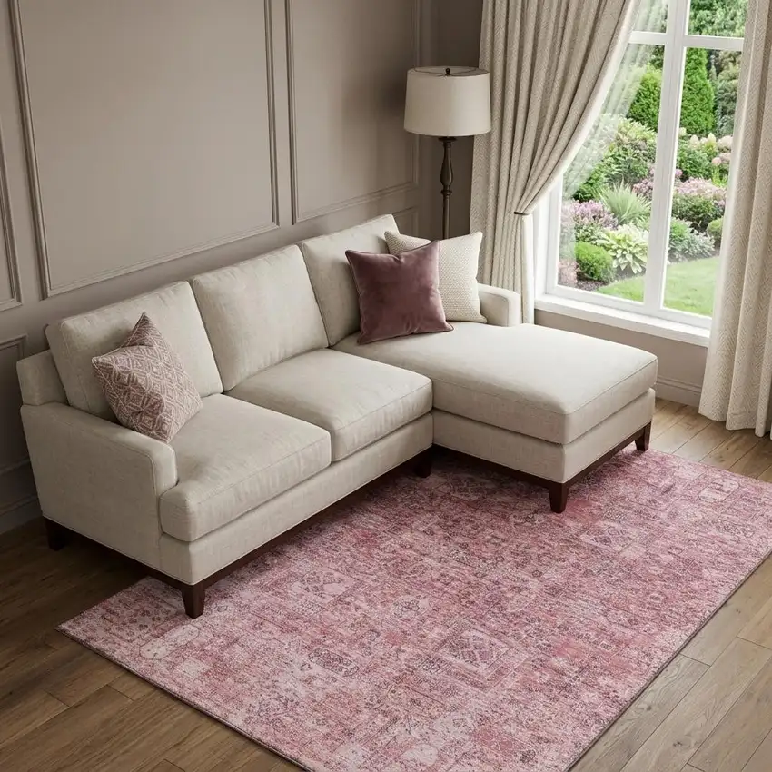 Pink And Ivory Floral Washable Area Rug With UV Protection Photo 1