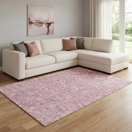 Pink And Ivory Floral Washable Area Rug With UV Protection Photo 1