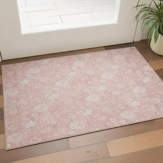 Pink And Ivory Floral Washable Area Rug With UV Protection Photo 1