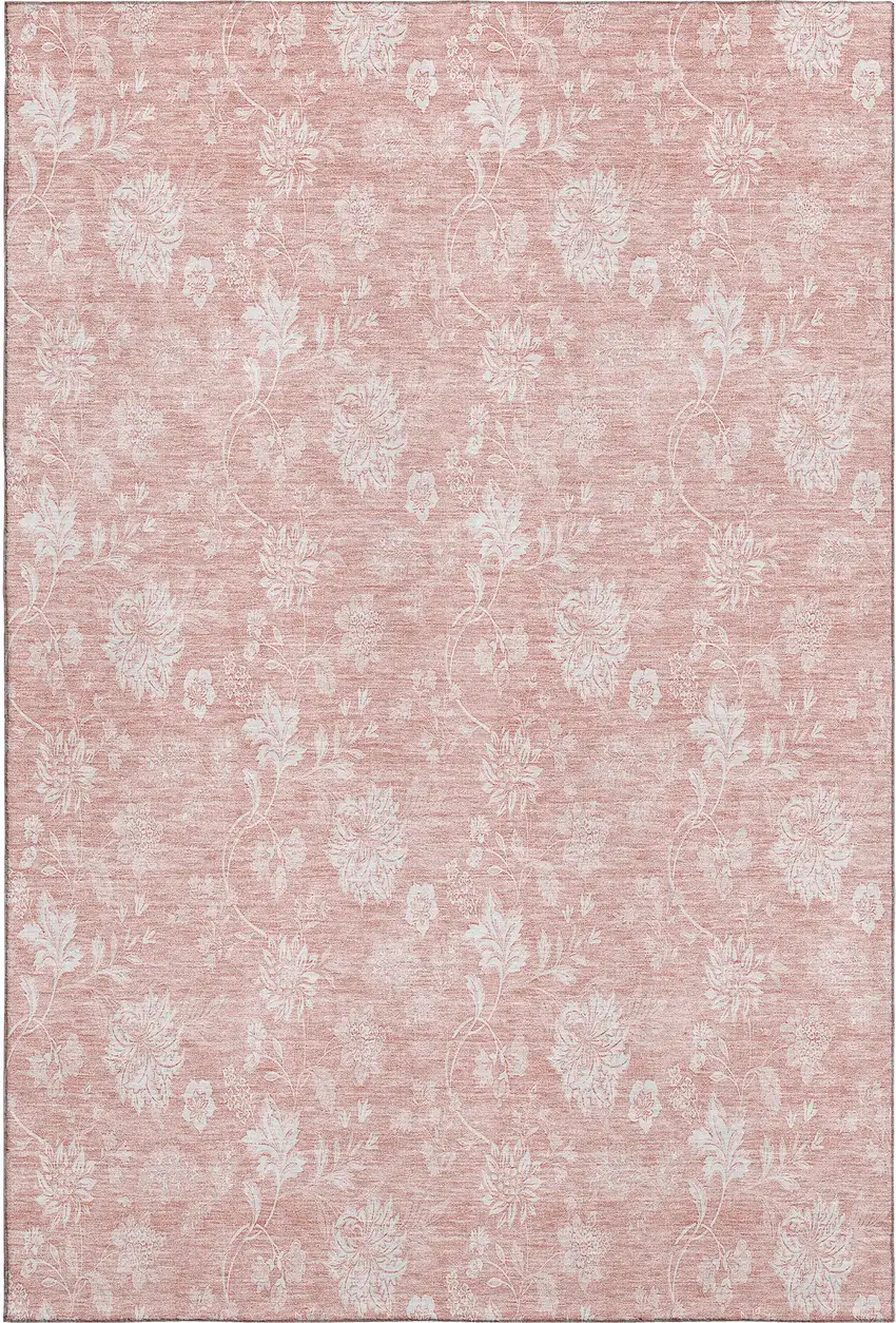 Pink And Ivory Floral Washable Area Rug With UV Protection Photo 1