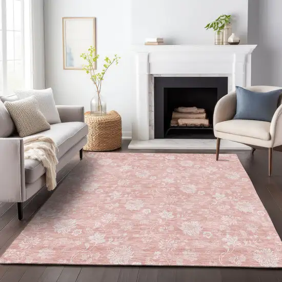 Pink And Ivory Floral Washable Area Rug With UV Protection Photo 4