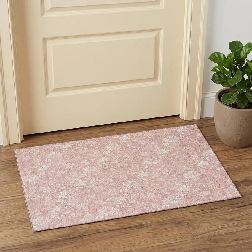 Pink And Ivory Floral Washable Area Rug With UV Protection Photo 1