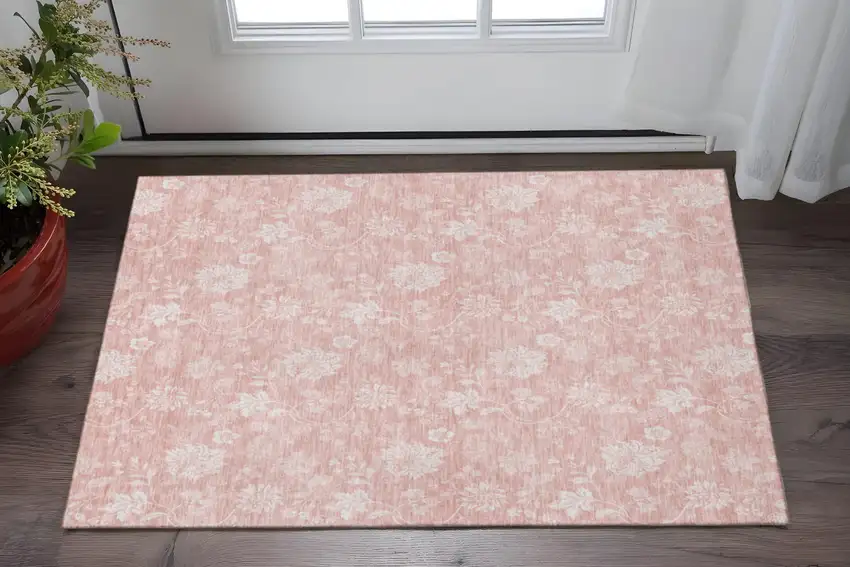 Pink And Ivory Floral Washable Area Rug With UV Protection Photo 2