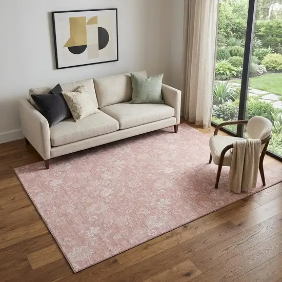 Pink And Ivory Floral Washable Area Rug With UV Protection Photo 1
