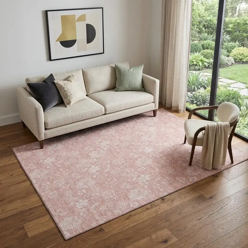 Pink And Ivory Floral Washable Area Rug With UV Protection Photo 1