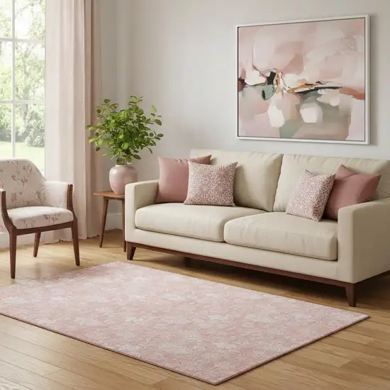 Pink And Ivory Floral Washable Area Rug With UV Protection Photo 1