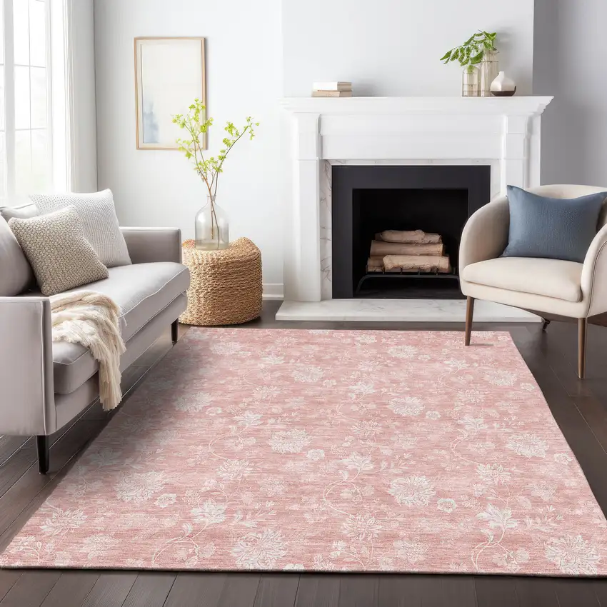 Pink And Ivory Floral Washable Area Rug With UV Protection Photo 6