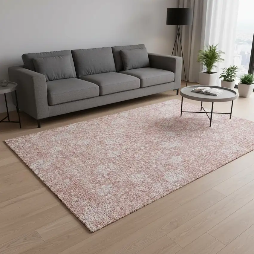 Pink And Ivory Floral Washable Area Rug With UV Protection Photo 3