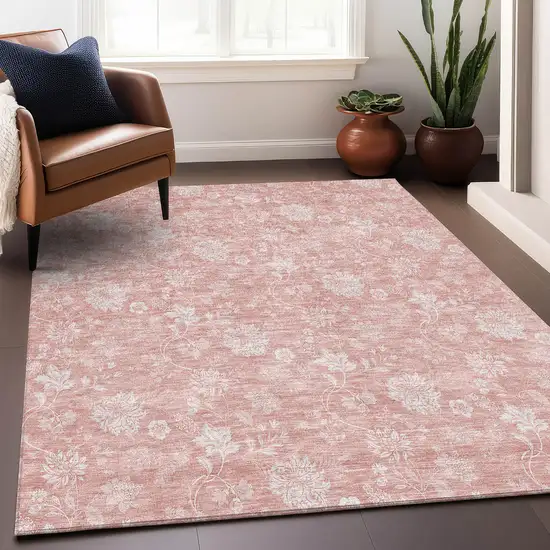 Pink And Ivory Floral Washable Area Rug With UV Protection Photo 4