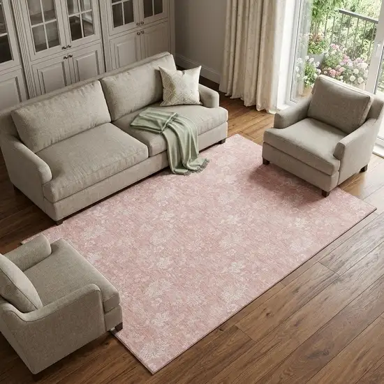 Pink And Ivory Floral Washable Area Rug With UV Protection Photo 1