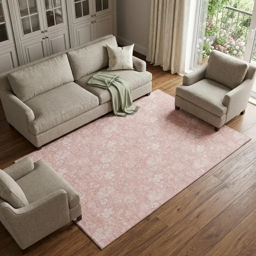 Pink And Ivory Floral Washable Area Rug With UV Protection Photo 1