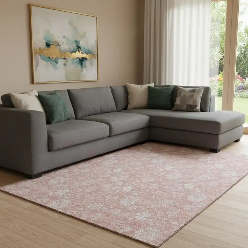Pink And Ivory Floral Washable Area Rug With UV Protection Photo 1