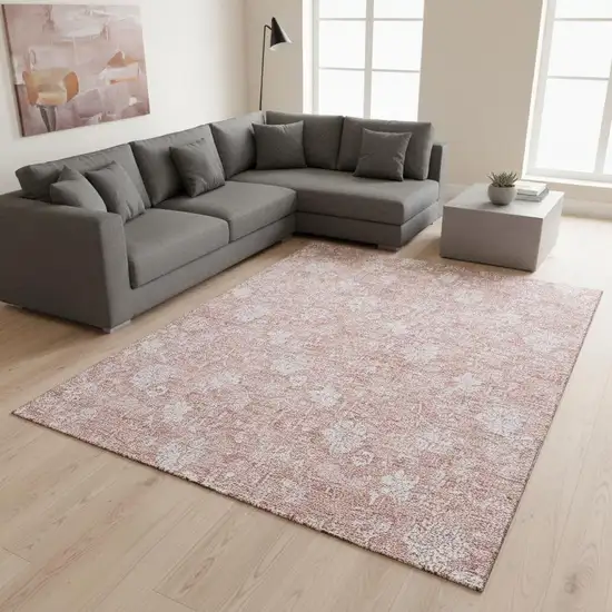 Pink And Ivory Floral Washable Area Rug With UV Protection Photo 2