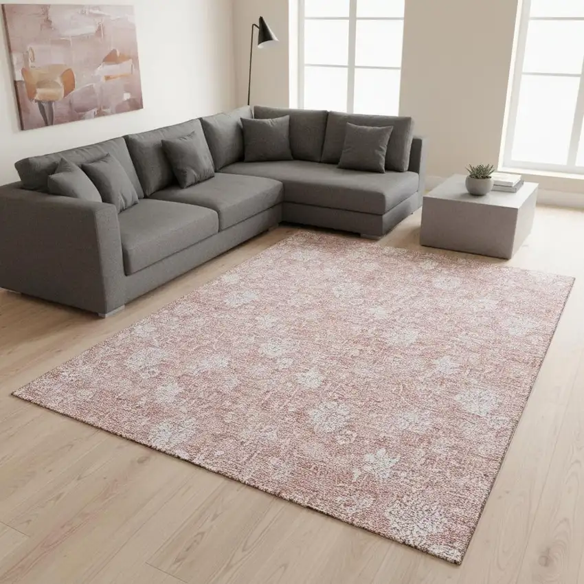 Pink And Ivory Floral Washable Area Rug With UV Protection Photo 2