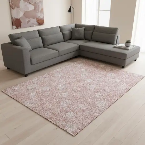 Pink And Ivory Floral Washable Area Rug With UV Protection Photo 3