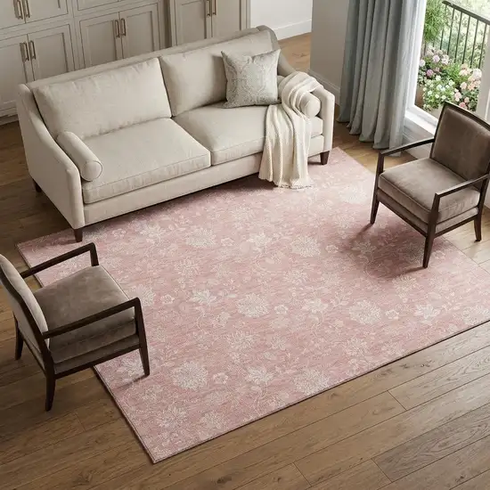 Pink And Ivory Floral Washable Area Rug With UV Protection Photo 1