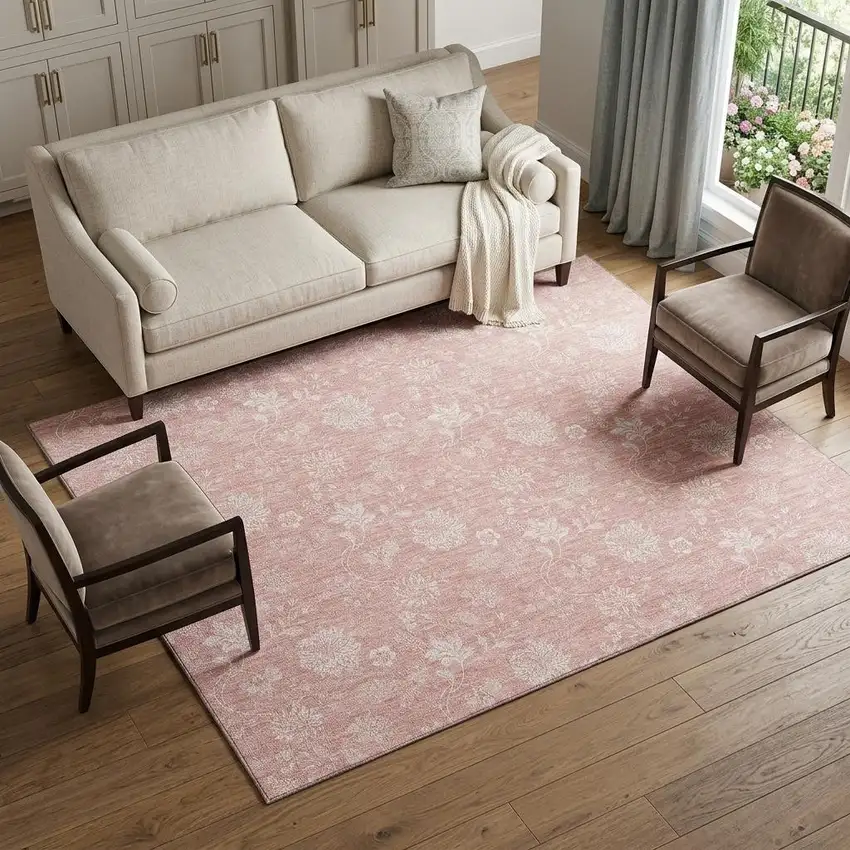 Pink And Ivory Floral Washable Area Rug With UV Protection Photo 1