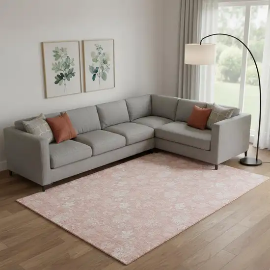 Pink And Ivory Floral Washable Area Rug With UV Protection Photo 1