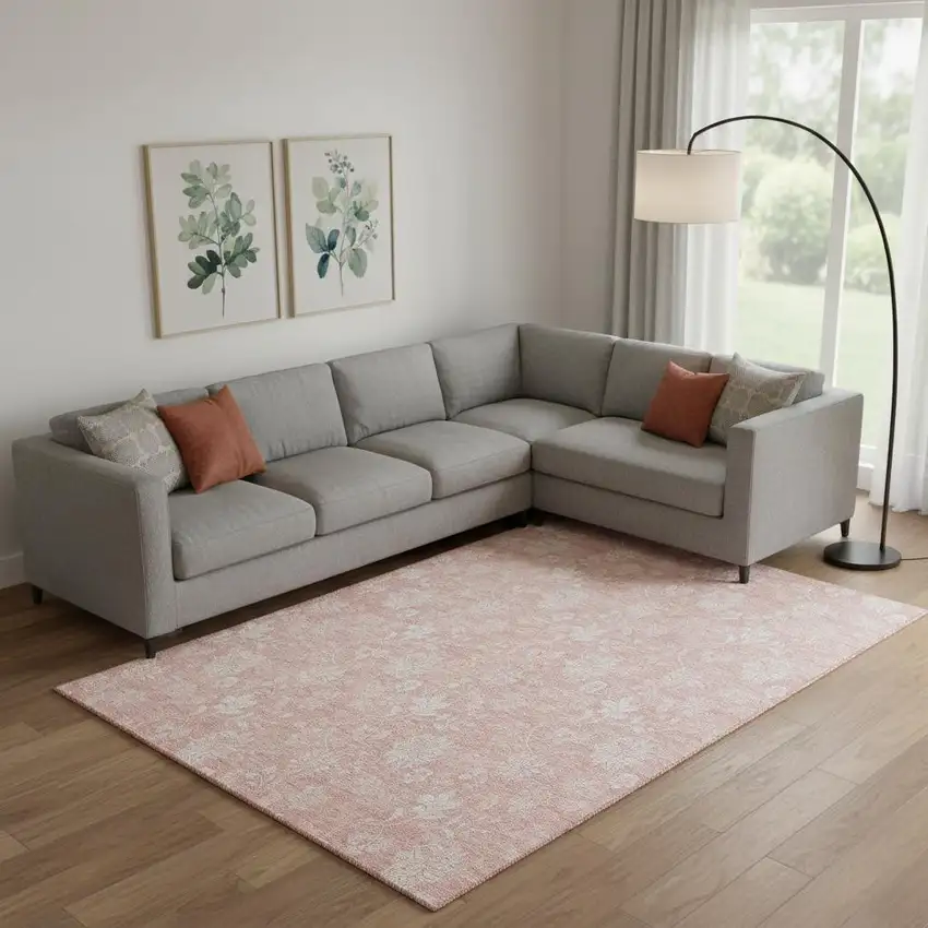 Pink And Ivory Floral Washable Area Rug With UV Protection Photo 1