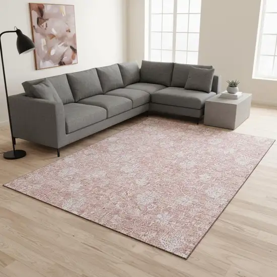 Pink And Ivory Floral Washable Area Rug With UV Protection Photo 1