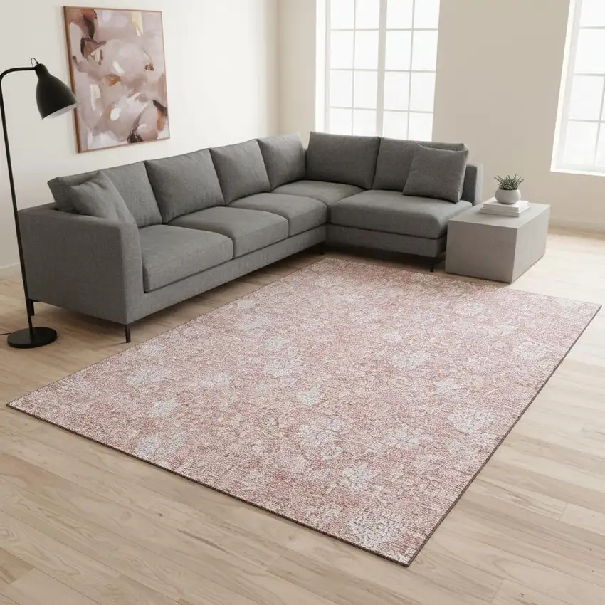 Pink And Ivory Floral Washable Area Rug With UV Protection Photo 1