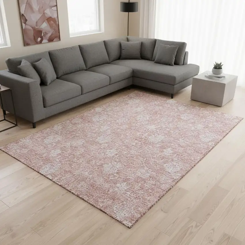 Pink And Ivory Floral Washable Area Rug With UV Protection Photo 3