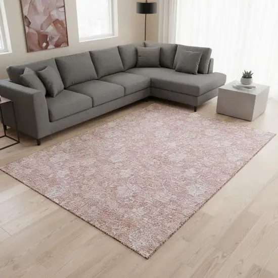Pink And Ivory Floral Washable Area Rug With UV Protection Photo 3