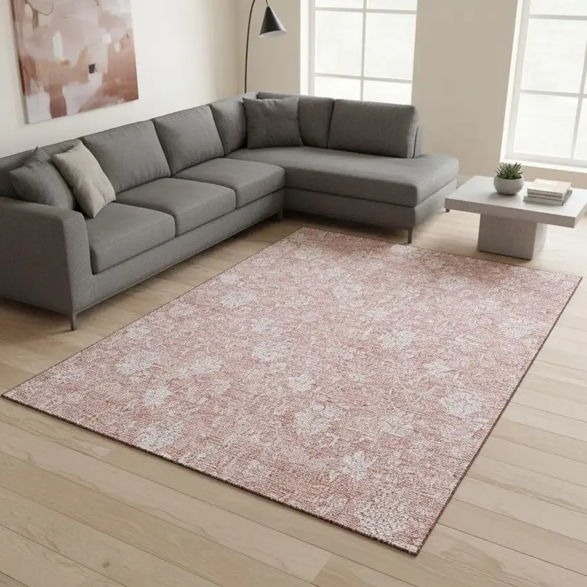 Pink And Ivory Floral Washable Area Rug With UV Protection Photo 3