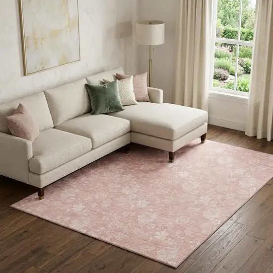 Pink And Ivory Floral Washable Area Rug With UV Protection Photo 1