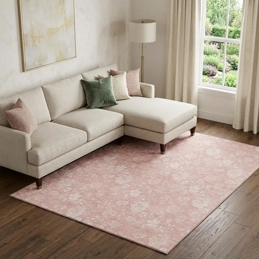 Pink And Ivory Floral Washable Area Rug With UV Protection Photo 1