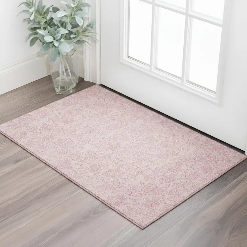 Pink And Ivory Floral Washable Area Rug With UV Protection Photo 2
