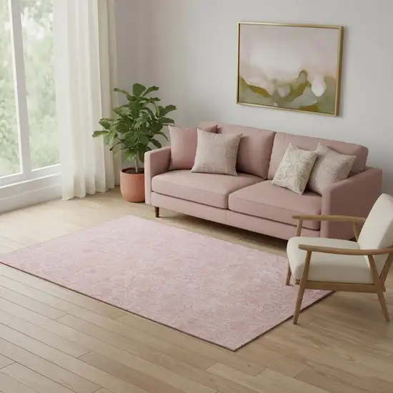 Pink And Ivory Floral Washable Area Rug With UV Protection Photo 1